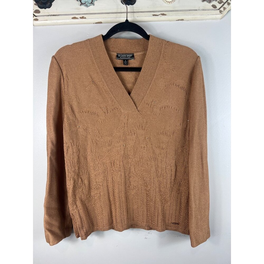 St. John Sport Marie Gray Tan V-Neck Pullover Sweater Small